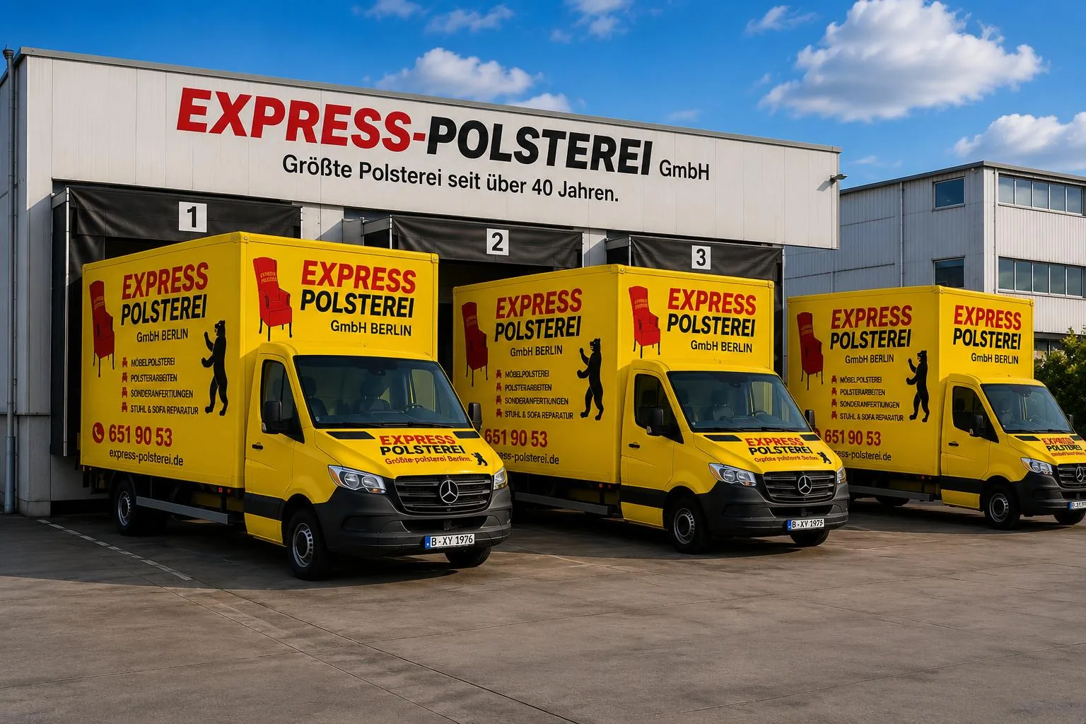 Unsere Transporterflotte vor unserer Werkstatt